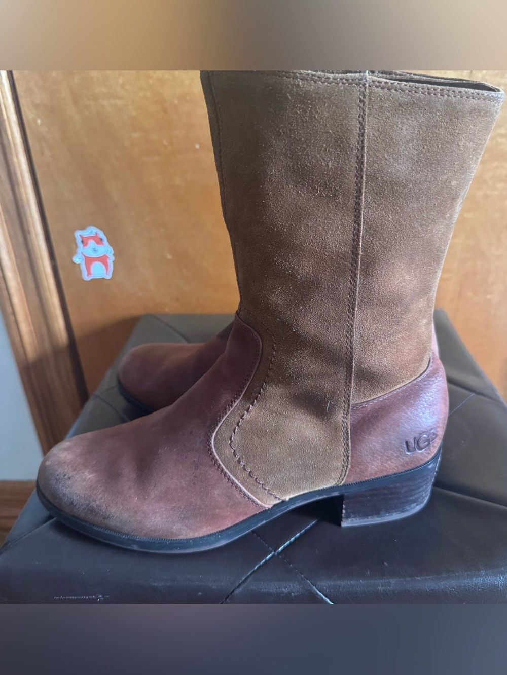 UGG Lou Two Toned Leather Round Toe Zip Up Flat Tall Boots Brown Auburn 10